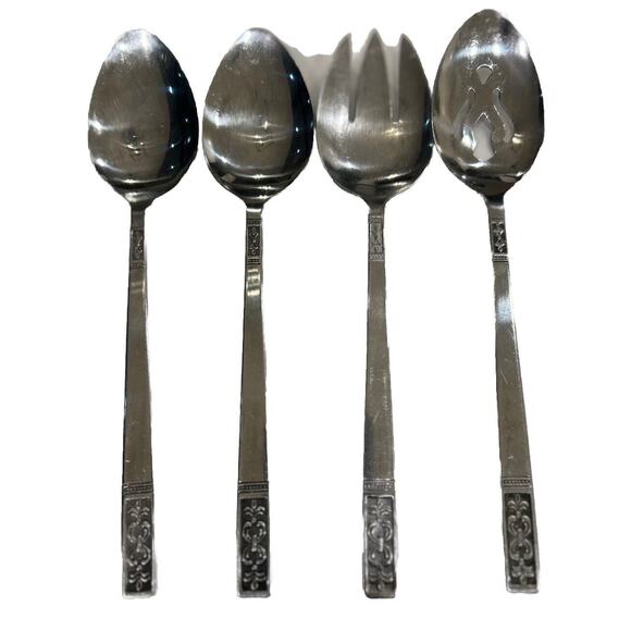 Vtg Set of 4 Fleur de Lis Serving Pieces Stainless Flatware Taiwan Customcraft - Picture 2 of 6